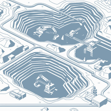 Isometric illustration of an open-pit mine with heavy machinery and infrastructure.