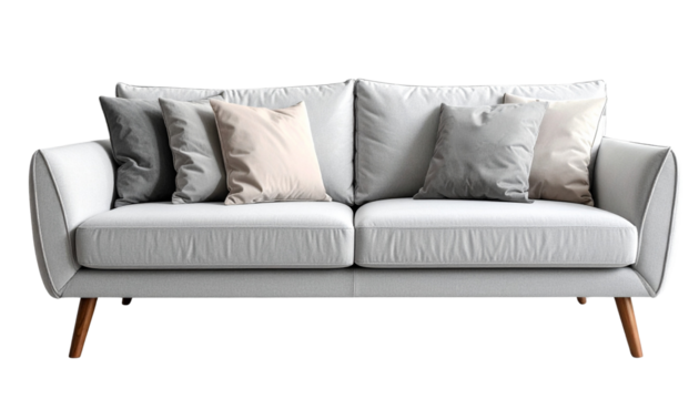 Light grey two-seater sofa with cushions, modern aesthetic for home decor, interior design, and cozy living spaces. Minimalist style for digital projects and branding.