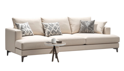 Modern L-shaped cream couch with beige and grey cushions, perfect for a stylish, cozy TV lounge. Minimalist, comfortable furniture ideal for interior design projects.