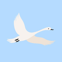 Cute swan in sky. Contour vector illustration in flat style isolated on white background.