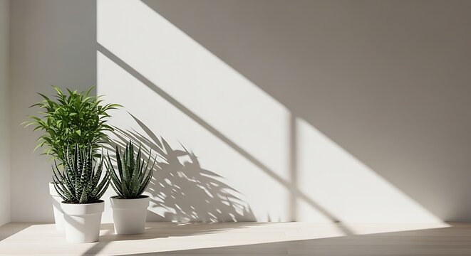 Two potted green houseplants casting shadows on a white wall with sunlight