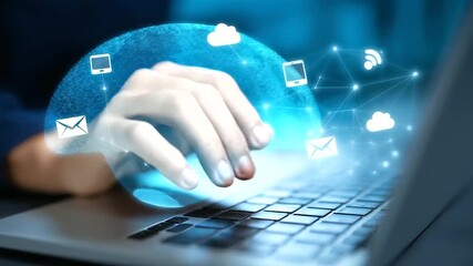 Close-up of hands typing on a laptop keyboard with digital floating icons user profile, smartphone, email, phone, and message envelope symbolizing online communication and custome - Powered by Adobe