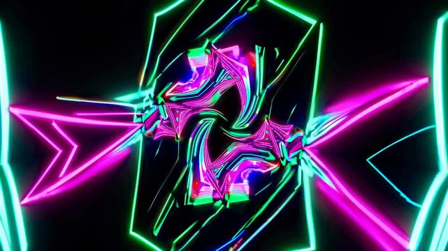 Abstract neon lights form a kaleidoscopic pattern. The video captures a dynamic, symmetrical design from a top-down angle, creating a futuristic vibe.