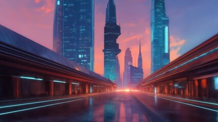 A futuristic city with towering skyscrapers, lit by neon lights, reflecting on a wet street at dusk - Powered by Adobe