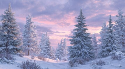 Naklejka premium a winter wonderland scene showcases a serene landscape with snowcovered evergreen trees under a pastel sunrise