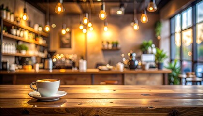 Coffee Shop Ambiance: A steaming cup of coffee rests gracefully on a wooden table, with a blurred background hinting at the cozy interior of a cafe, complete with warm lighting.