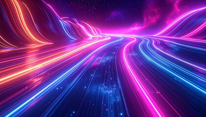 Neon Highway in Motion: A captivating digital render unveils a futuristic highway illuminated with vibrant neon lights, snaking through a surreal landscape of mountains and an ethereal night sky.