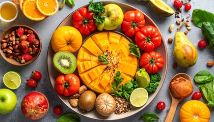 Colorful and Nutritional Food Platter: A vibrant assortment of fresh fruits and vegetables arranged artfully on a plate, showcasing a spectrum of colors and nutritional benefits.