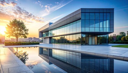 Modern Corporate Building at Sunrise: A sleek, contemporary office building with expansive glass windows reflects the warm, golden hues of the rising sun.