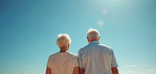 Fototapeta premium Elderly couple stands close on beach looking at bright blue sky. Mature man and woman enjoy warm sunny weather, view ocean horizon, share peaceful moment together.