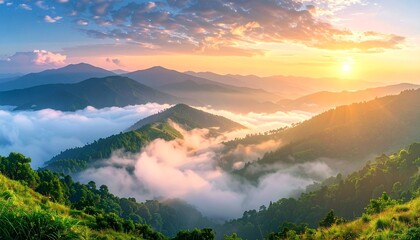Mountain Majesty at Dawn: A panoramic view of rolling mountain ranges bathed in the soft, ethereal light of sunrise. Clouds wisp through the valleys, creating a sense of serenity and grandeur.