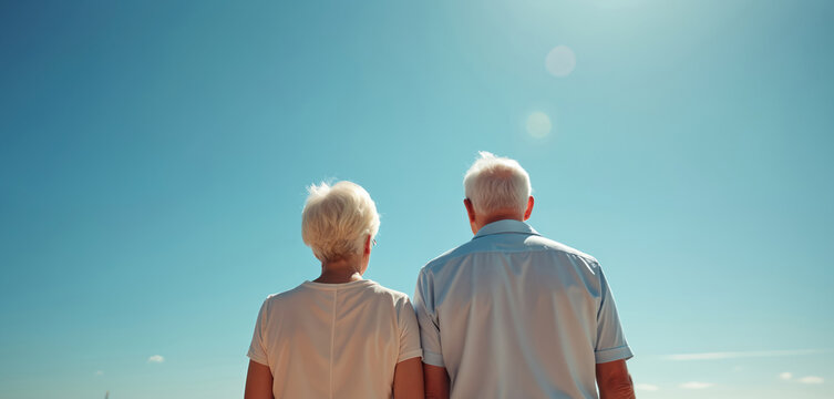 Elderly couple stands close on beach looking at bright blue sky. Mature man and woman enjoy warm sunny weather, view ocean horizon, share peaceful moment together.