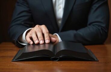 Man in suit sits at wooden table. He places hand on open bible. Closeup view of male hands on holy book. Businessman or politician taking oath or vow.