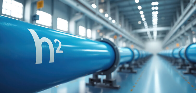 Blue H2 hydrogen pipelines run through modern industrial facility. Large pipes for storing, transporting sustainable green energy. Crucial infrastructure for future tech power solutions, enabling