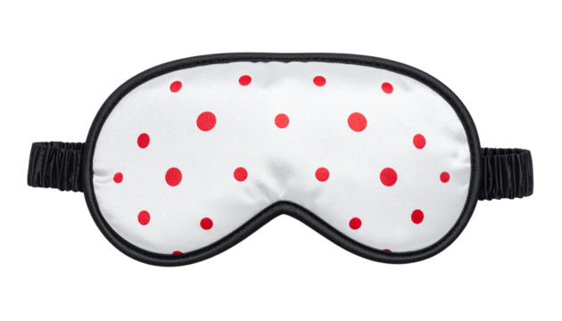 White eye sleeping mask with playful red dots, soft and cozy for restful sleep. Ideal for wellness, relaxation, travel, self-care, and lifestyle design projects.