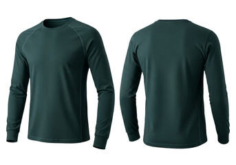 Blank dark green long-sleeve t-shirt mockup, front and back view, perfect for design presentation and casual apparel catalog. Comfortable athletic wear with a classic crew neck for men and women