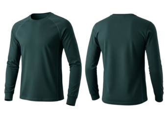 Blank dark green long-sleeve t-shirt mockup, front and back view, perfect for design presentation and casual apparel catalog. Comfortable athletic wear with a classic crew neck for men and women