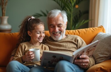 Elderly man, young girl attentively look through family photo album. Sit comfortably on sofa, smile, share cherished memories, laugh together. Grandfather, granddaughter enjoy happy time at home,