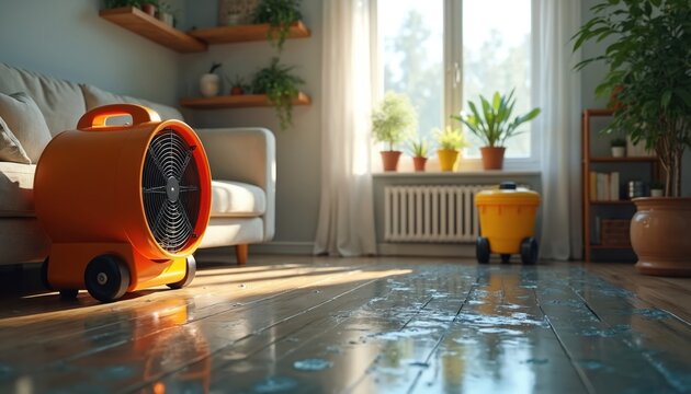 Living room floor has water damage. Orange industrial fan helps dry wet wooden floor. Yellow drying machine and cleanup equipment are used for home emergency repair after household flood accident.