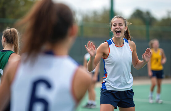 Young women play netball game outdoor court. Athletes compete in sports match, happy teammates practice fitness and exercise together. Girls train for team sport and healthy activity.