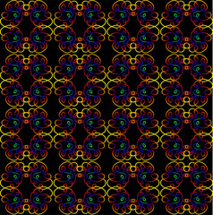 A bright, multi-colored abstract pattern painted on a black background