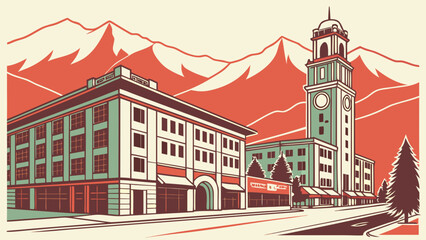 Obraz premium Flat design of Missoula downtown and mountains 