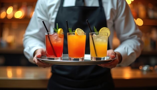 Pro waiter holds silver tray with three vibrant, colorful drinks. Red, orange, yellow cocktails contain ice, lemon slices, fresh herbs. Server provides excellent beverage service at busy bar lively