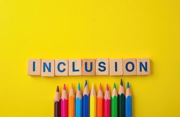 Wooden blocks spell INCLUSION on bright yellow background. Below, vibrant row of colorful pencils represents diversity, unity in group. Image clearly shows concept of integrating different people