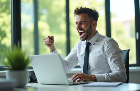 Young businessman in white shirt, blue tie works on laptop, feels happy, excited, clenches fist in triumph. Successful man sits at table in modern office, celebrates achievement, good news. Man looks - Powered by Adobe