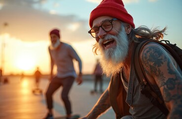 Happy older man with long white beard, red beanie, glasses, tattoos laughs skateboarding. Enjoys sunset on seaside promenade with blurred friends. Active senior people fun, embrace healthy life.