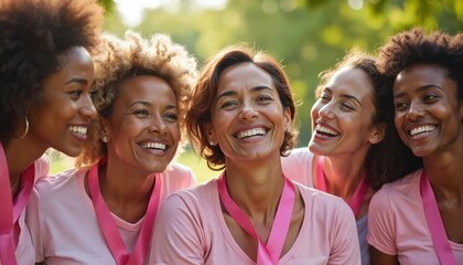 Group of happy women with pink ribbons smile in a park. They support breast cancer awareness. Diverse females show friendship and care. The photo communicates hope and solidarity for health.