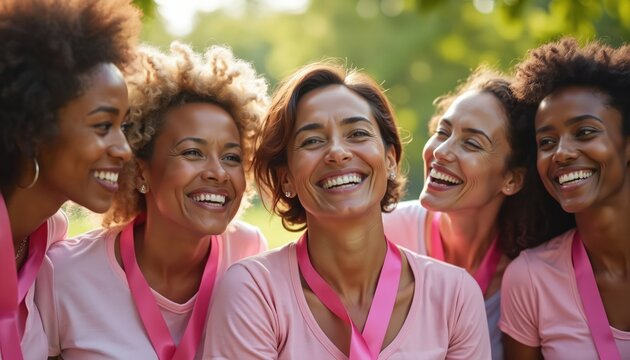 Group of happy women with pink ribbons smile in a park. They support breast cancer awareness. Diverse females show friendship and care. The photo communicates hope and solidarity for health.