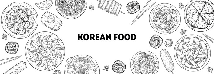 Korean food vector drawing frame. Hand drawn top view Korean food dishes vector sketch illustration. Bulgogi, mandu, kimbap, japchae, jjigae, tteokbokki, kimchi, nakji bokkeum, pajeon