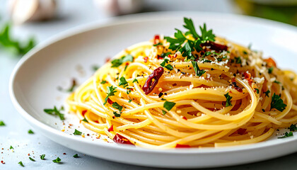 Italian spaghetti aglio e olio, sauteed garlic, chili flakes, parsley, tasty food, delicious pasta