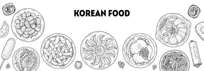 Korean food vector drawing frame. Hand drawn top view Korean food dishes vector sketch illustration. Bulgogi, corn dog, kimchi, mandu, dumpling, samgyetang, jjigae, japchae, kimbap