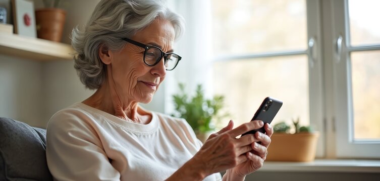 Smiling senior woman uses smartphone at home. Elderly lady texts friends, family on mobile device. Enjoys modern tech to connect, browse social media content. Happy granny stays active, learning new