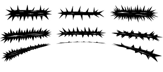 Nine Black Spiked Abstract Elements, Evoking Aggression, Danger, or Edgy Grunge Design.