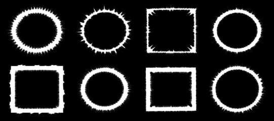 Frames And Ring Shapes Texture Set With Jagged Edges In Black And White background. 