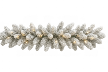 Flocked christmas garland with warm white lights, a festive illuminated fir branch decor on transparent background