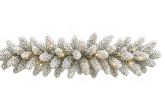 Flocked christmas garland with warm white lights, a festive illuminated fir branch decor on transparent background