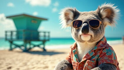 Koala wearing sunglasses shirt relaxes at beach. Sunny summer day at ocean coast with sand blue sky and turquoise water. Funny koala enjoys vacation near lifeguard stand.