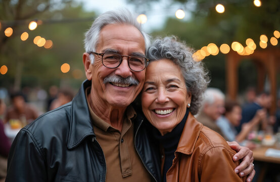 Happy senior couple smiles, hugs at outdoor family party. Elderly man with mustache, woman with curly gray hair enjoy celebration with friends, relatives. String lights glow in evening background.