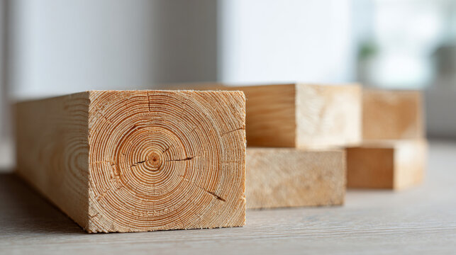 Close-up view of stacked wooden beams showing detailed tree rings and natural wood texture in a bright indoor setting
