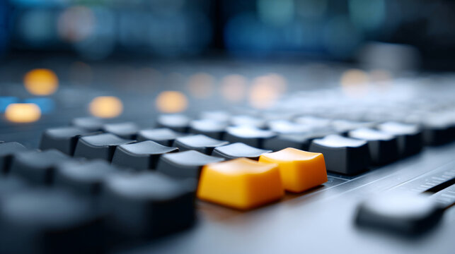 Close-up of audio mixing console with focus on yellow and black control knobs in a professional sound studio environment