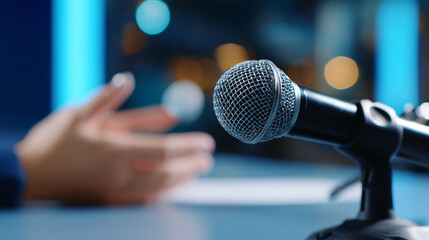 Fototapeta premium Close-up of a microphone on a stand with a blurred hand gesturing in the background during a speech or interview setting