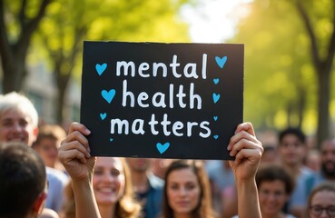 Group of people show sign supporting mental health awareness. Sign says mental health matters with blue hearts. Crowd stands outdoors for community gathering about social wellness advocacy.