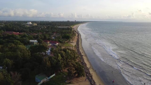 THE GAMBIA - 10.31.2025 - Gorgeous aerial view of the coastline on the Gambia's Senegambia Beach.