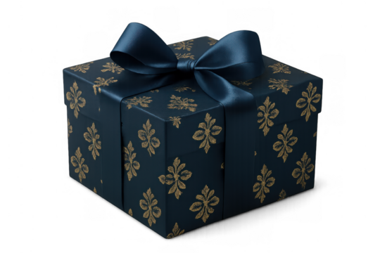 Dark blue gift box with gold patterned wrapping and elegant satin ribbon bow, celebrating special occasions