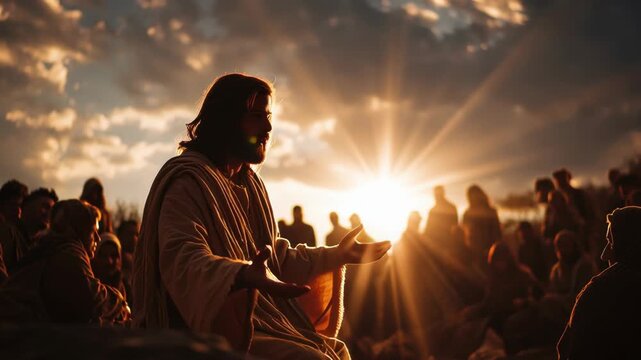 Jesus teaches a crowd during sunset in a serene outdoor setting