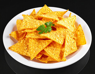 A plate of tortilla chips isolated on a black background